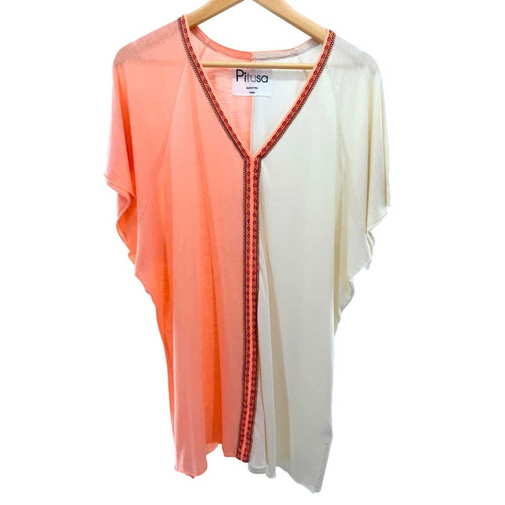 Pitusa Coral Ivory Colorblock Inca Trim V-Neck Kaftan Cover Up Dress Petite